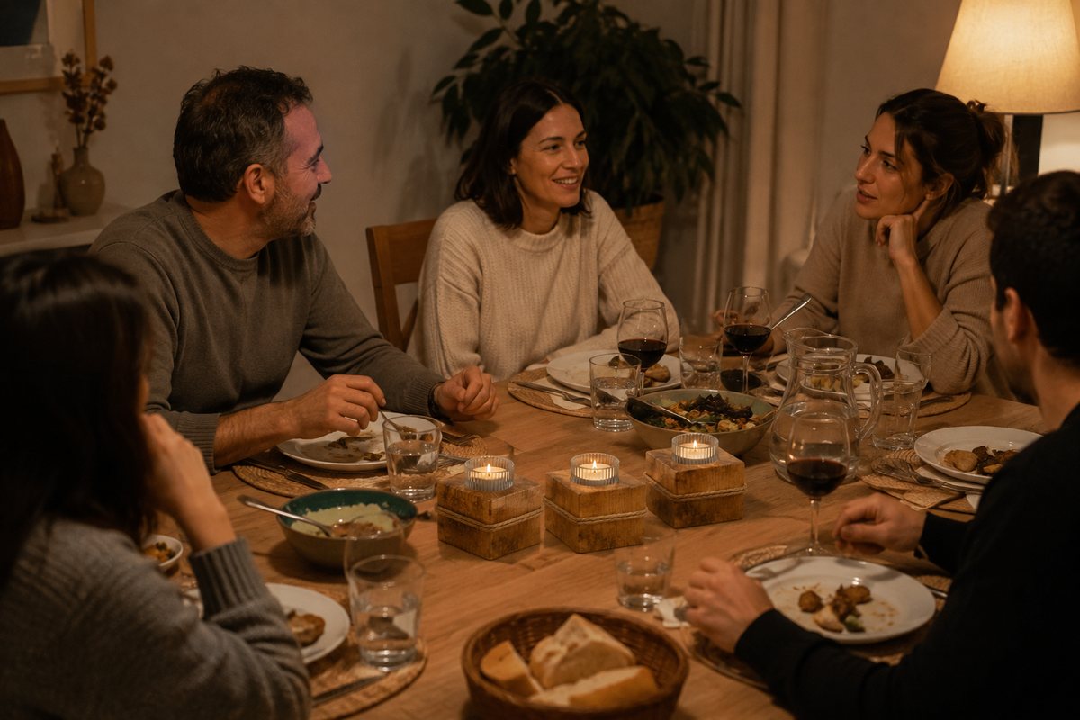 Piezas de la colección Ecos en una mesa de comedor