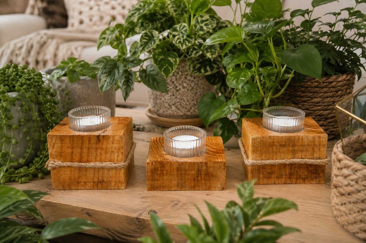 Decoración con velas entre plantas